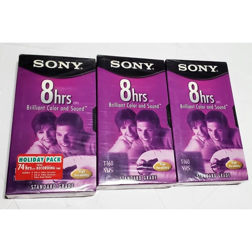 3 Sony VHS T-160 Blank Tapes 8HR Standard Grade New Sealed Vintage VCR